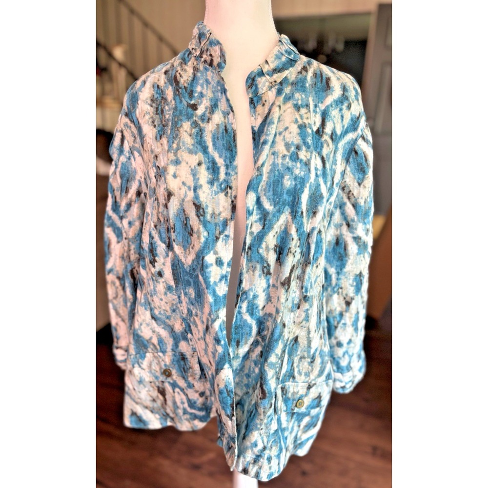 CHICOS SIZE 3/XL Blue IKAT PATTERN 100% LINEN JACKET Blazer Vacation